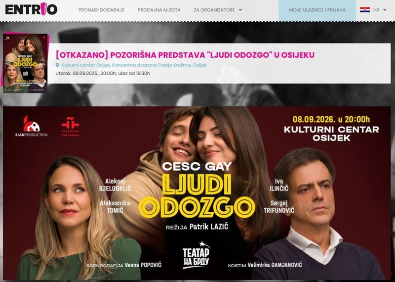 Priopćenje povodom otkazivanja gostovanja predstave „Ljudi odozgo“ autora  Cesc Gaya u izvedbi beogradskog Teatra na brdu u Kulturnom centru Osijek